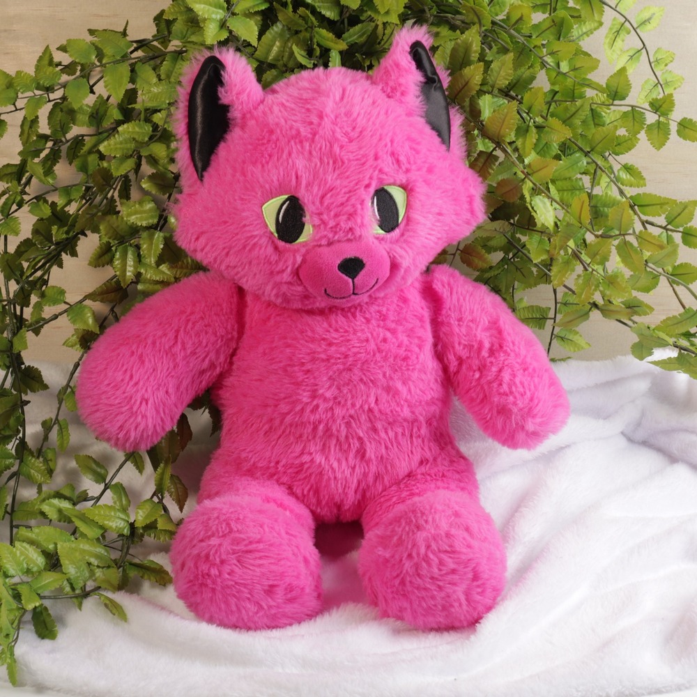 Build-A-Bear Workshop Pink Lucky Kitty Plush Green Eyes Neon Cat Stuffed Animal